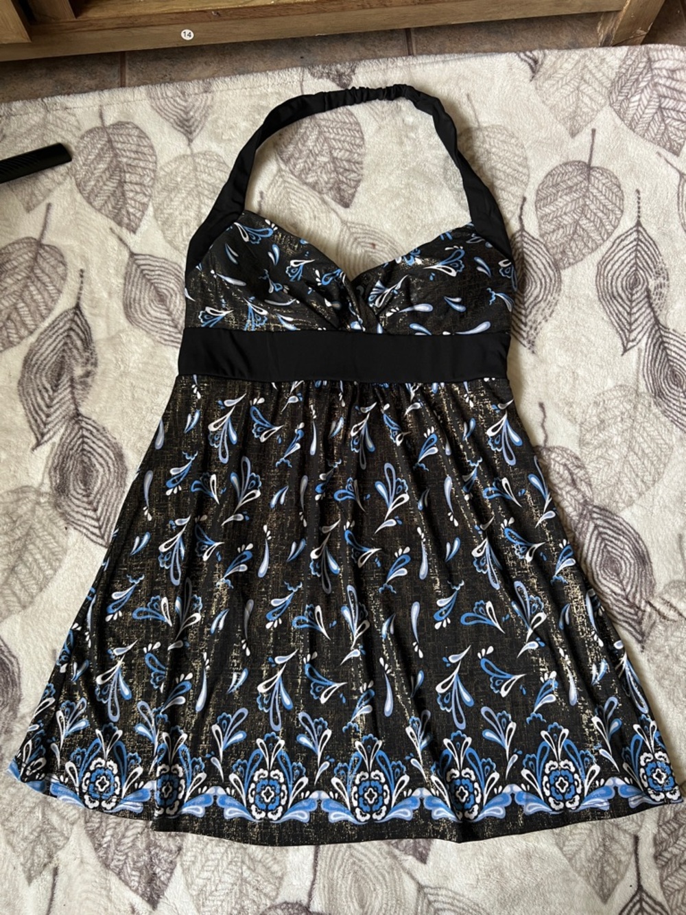 Y2k vintage blusón Black Halter Neck Print Dress with Blue Accents